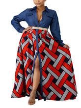 Buttoned Elasticity Printed Split-Joint Long Sleeves Loose Lapel Maxi Dresses